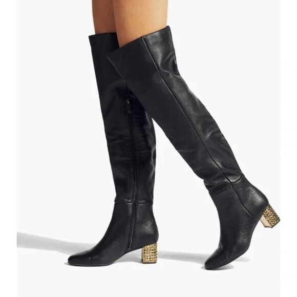 Kurt Geiger Mayfair 55 Black Leather Over the Knee Rhinestone Heel Boot 8.5 - Picture 1 of 11